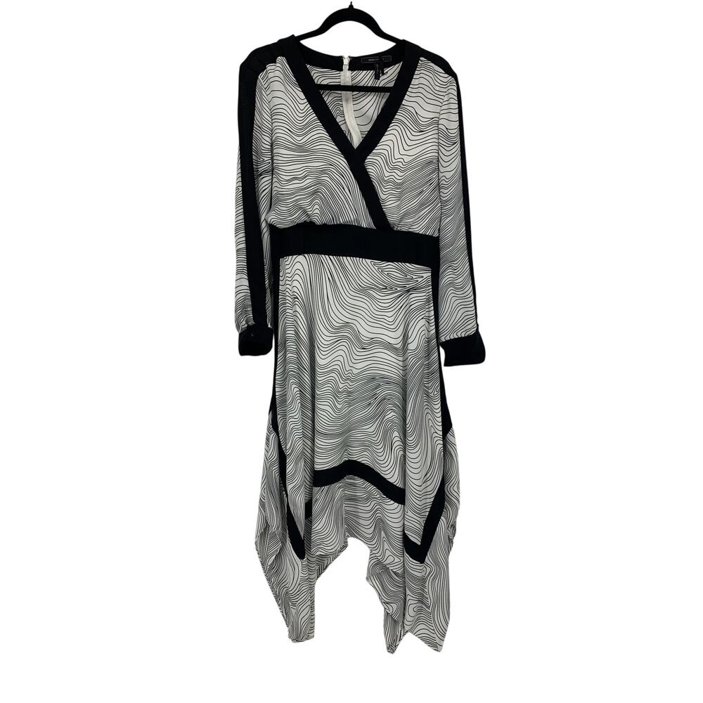 BCBGMAXAZRIA Dress Womens Large Black White Surplice V-Neck Long Sleeve Asym Hem